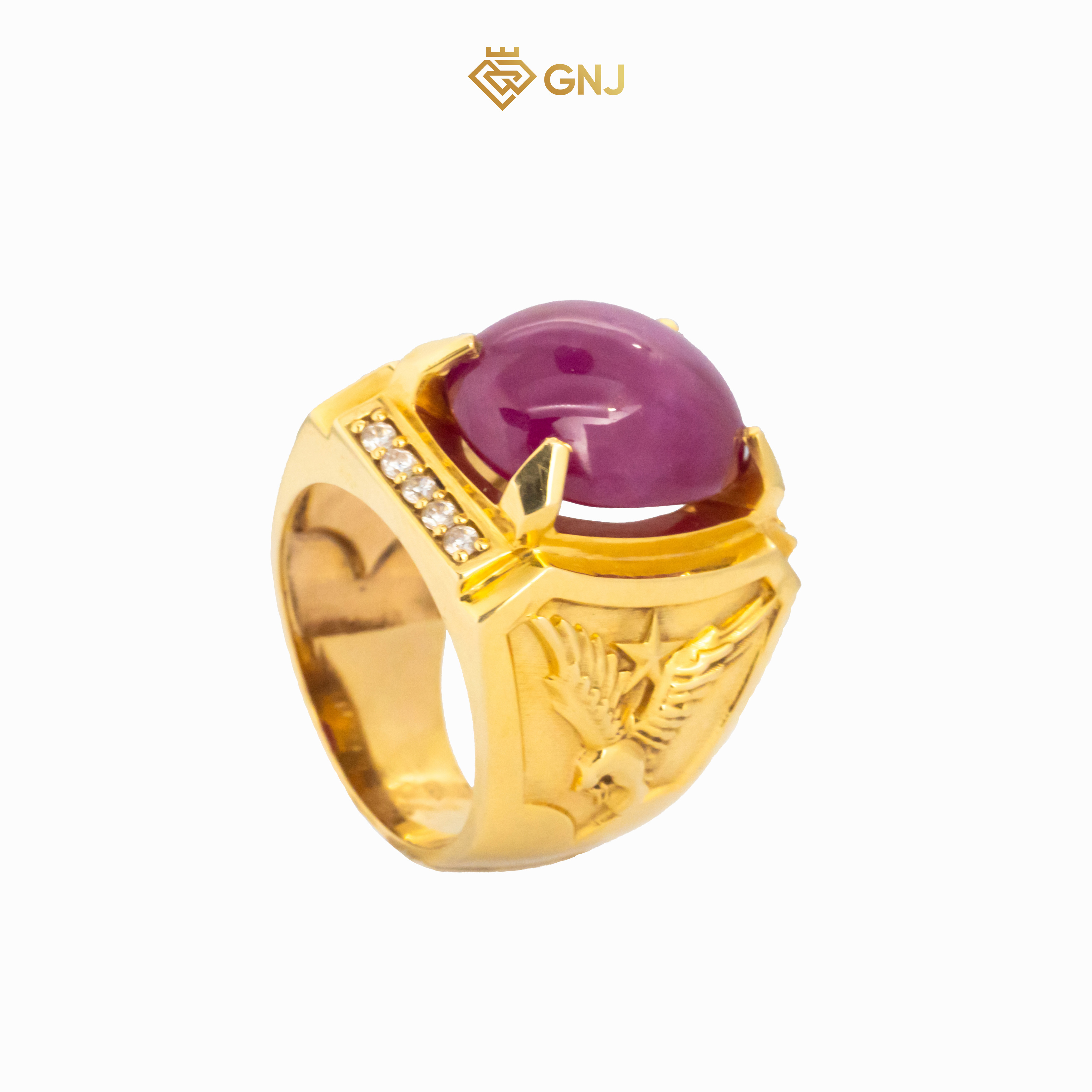 Nhẫn vàng nam đá chủ Ruby sao sáu cánh dạng cabochon