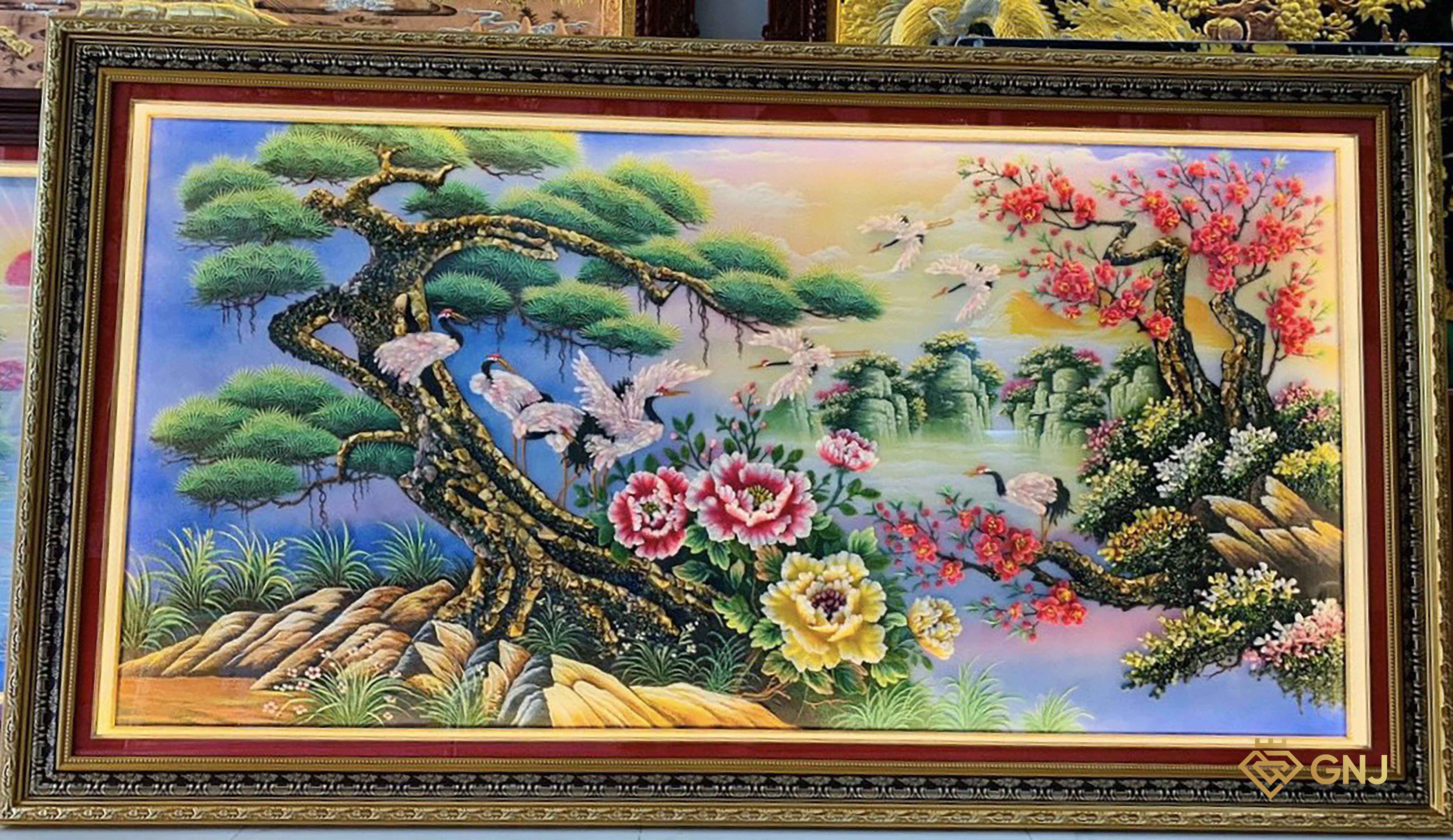 Tranh Đá Quý Cao Cấp Tùng Hạc Diên Niên Lục Yên — mặt trước, đá quý tự nhiên có kiểm định GNJ