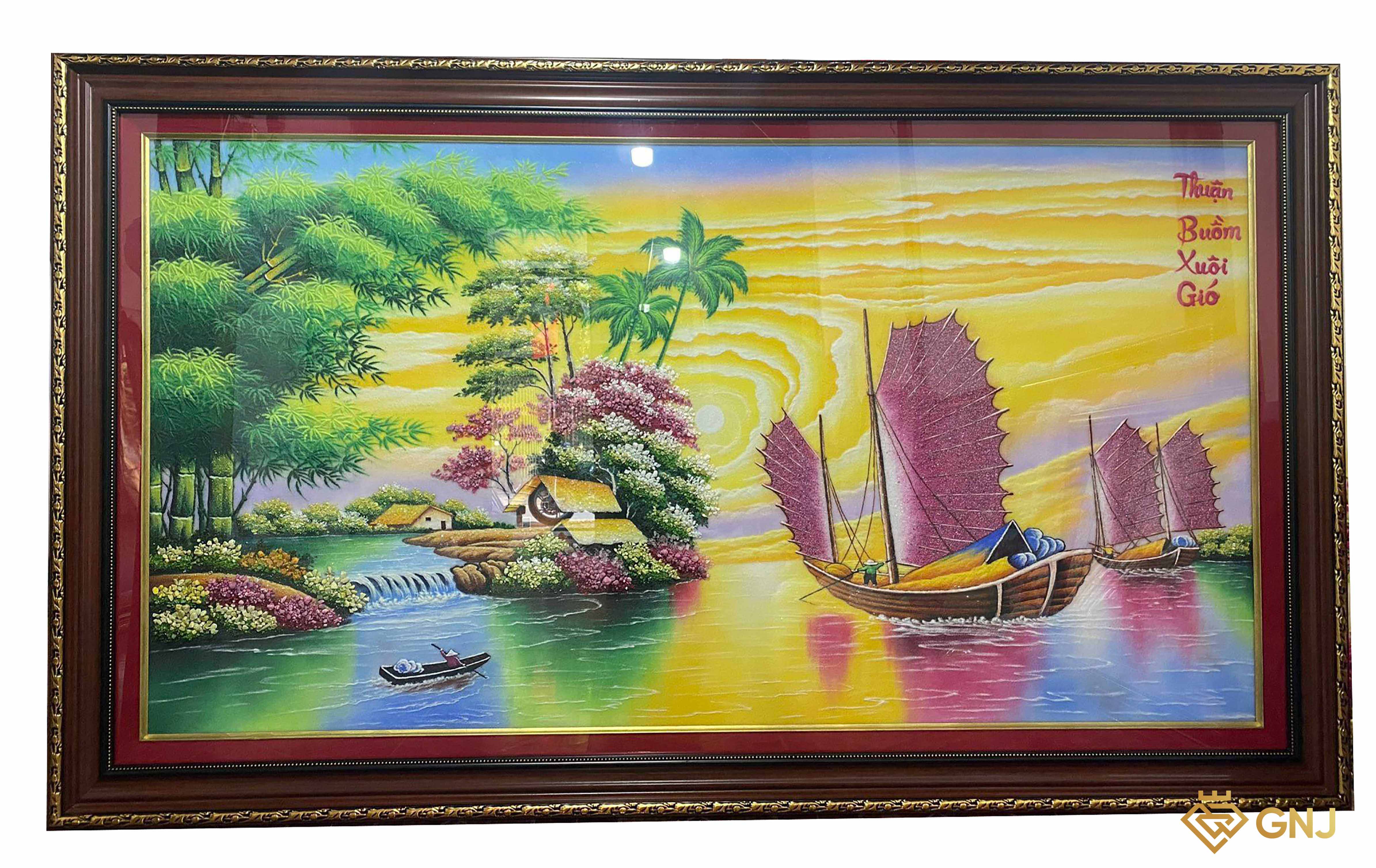 Tranh Đá Quý Thuận Buồm Xuôi Gió May Mắn — mặt trước, đá quý tự nhiên có kiểm định GNJ