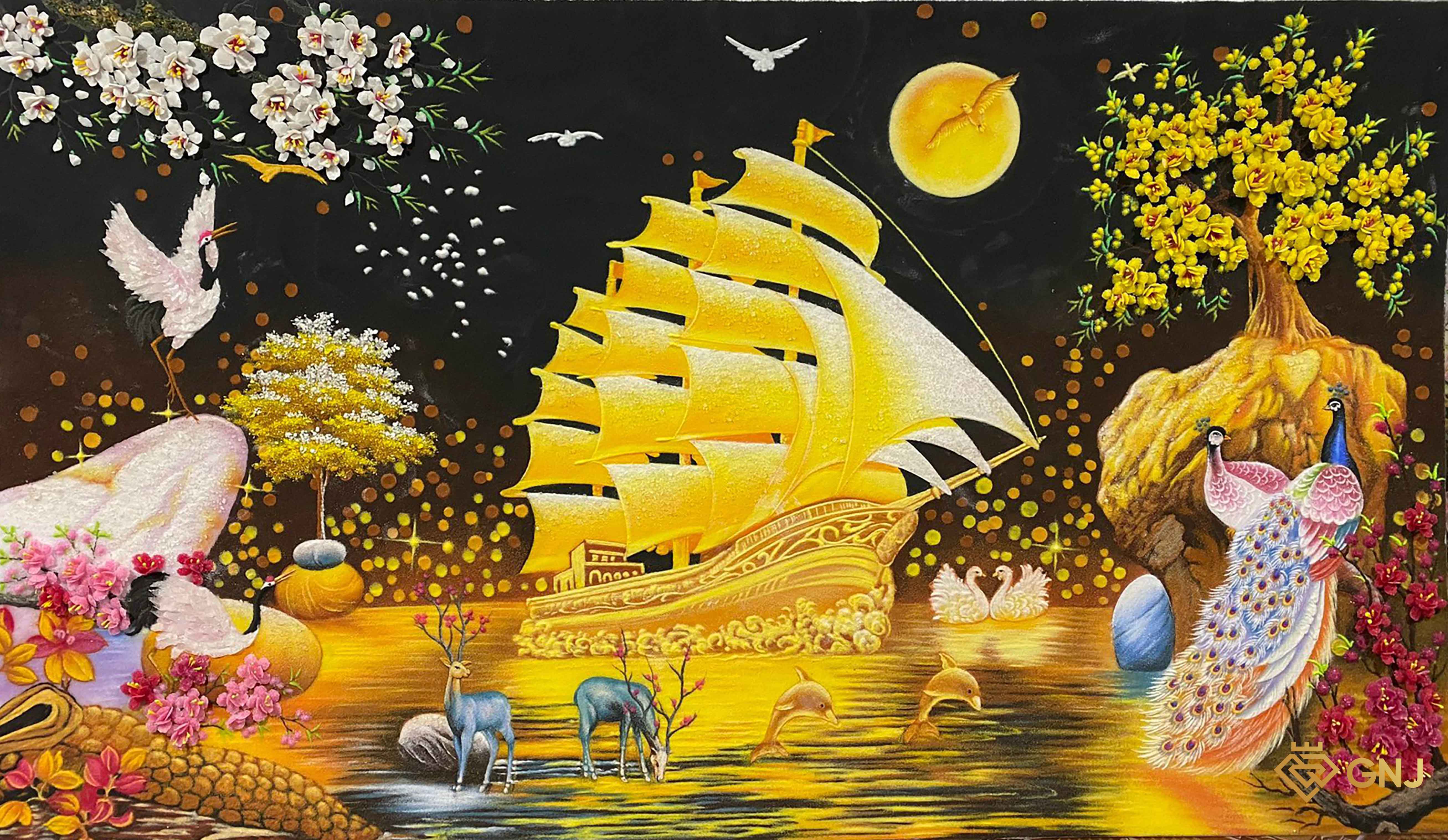 Tranh Đá Quý Thuận Buồm Xuôi Gió Phong Cách Hoàng Gia — mặt trước, đá quý tự nhiên có kiểm định GNJ