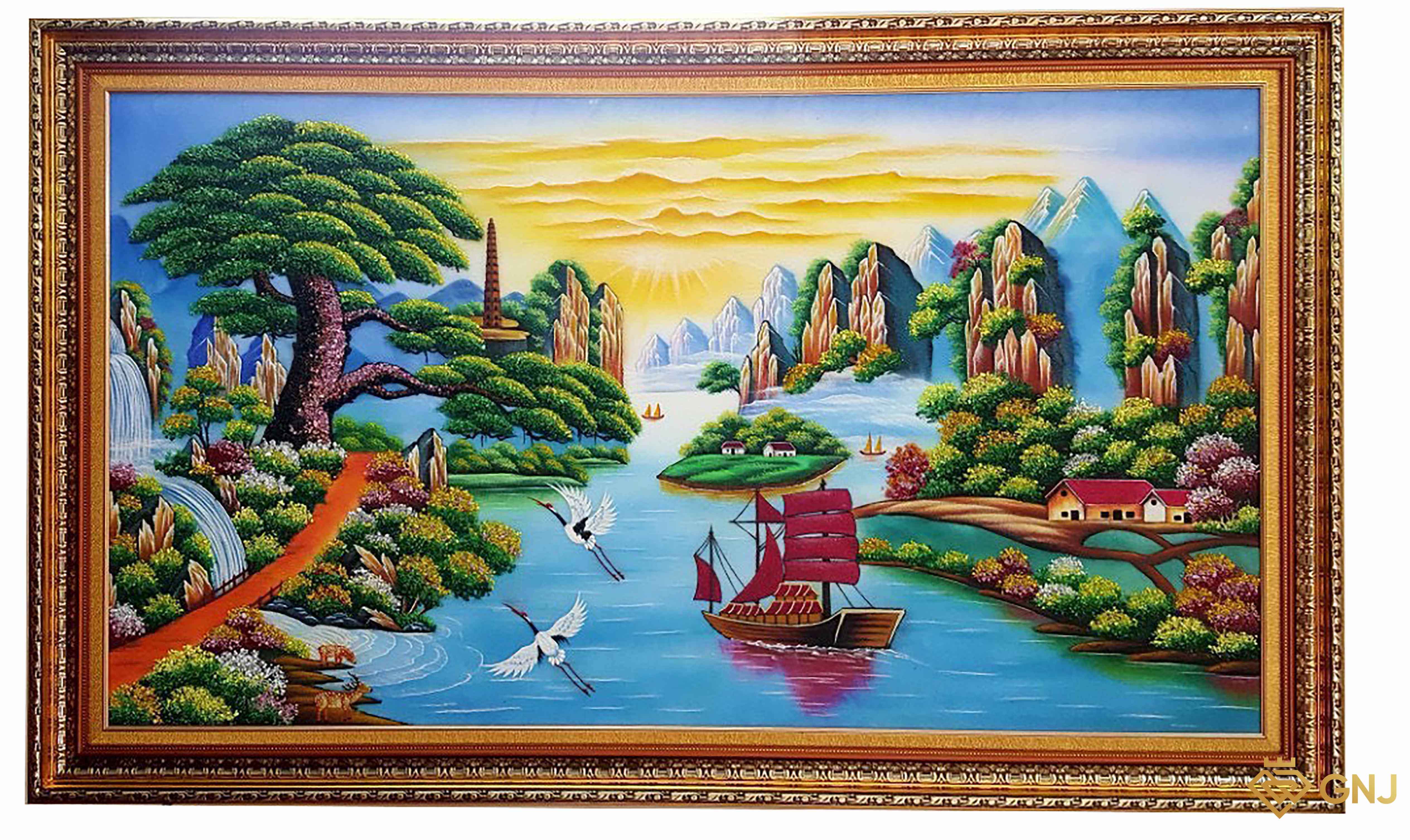 Tranh Đá Quý Thuận Buồm Xuôi Gió, Tùng Ghênh Khách — mặt bên