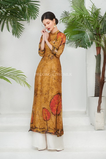 ÁO DÀI THỜI TRANG 4 TÀ MÀU VÀNG LÁ