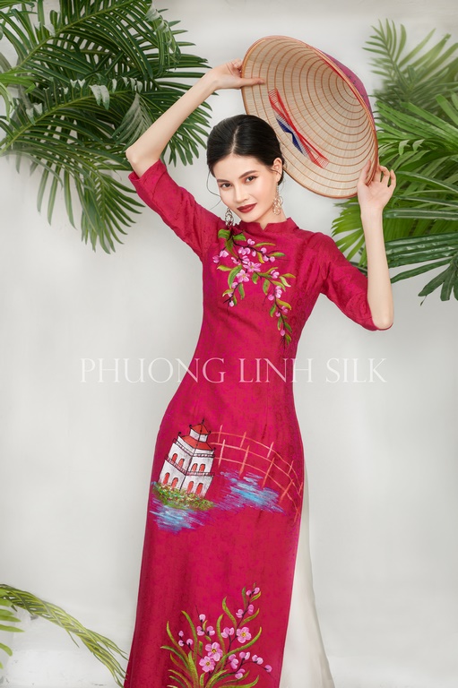 ÁO DÀI TRUYỀN THỐNG VẼ ACRYLIC MÀU HỒNG SEN