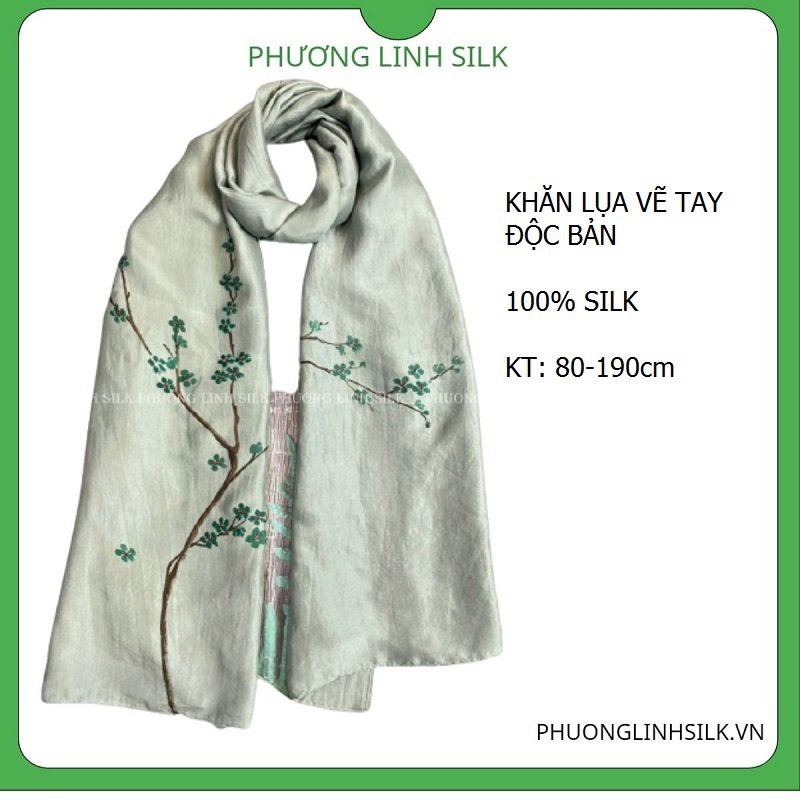 KHĂN LỤA VẼ MÀU NƯỚC 100% TƠ TẰM HOA ĐÀO