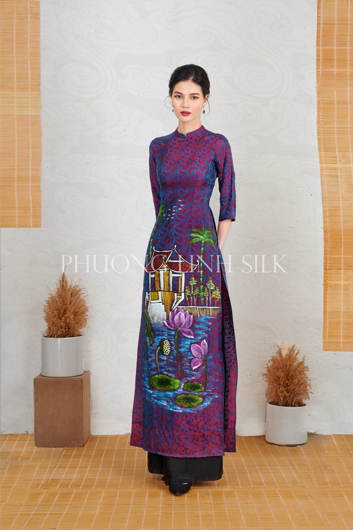 ÁO DÀI TRUYỀN THỐNG VẼ ACRYLIC MÀU XANH CAM