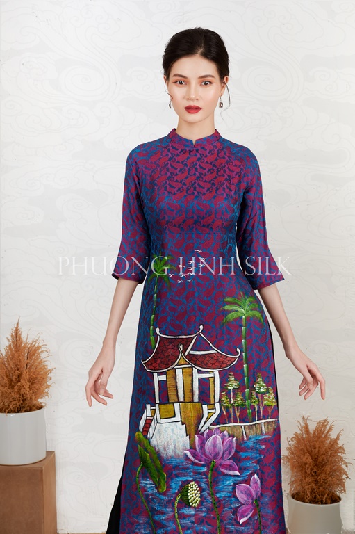 ÁO DÀI TRUYỀN THỐNG VẼ ACRYLIC MÀU XANH CAM