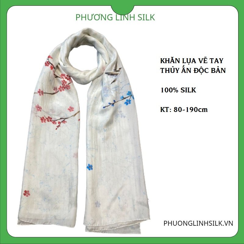 KHĂN LỤA VẼ TAY THỦY ẤN ĐỘC VẼ HOA ĐÀO