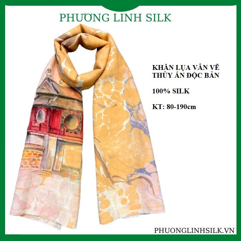 KHĂN LỤA VẼ TAY CAO CẤP VÂN CỔ THỦY ẤN 100% TƠ TẰM ĐỘC BẢN VẼ CÔ GÁI KHUÊ VĂN CÁC