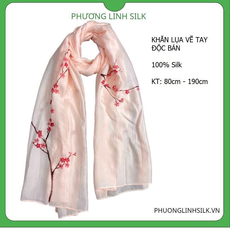KHĂN LỤA VẼ MÀU NƯỚC 100% TƠ TẰM HOA ĐÀO