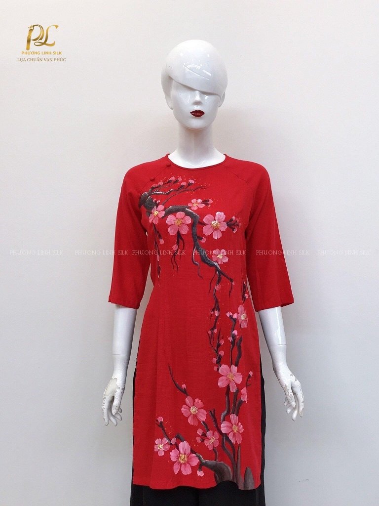 ÁO CÁCH TÂN LINEN VẼ TAY TRUYỀN THỐNG VẼ HOA ĐÀO TO