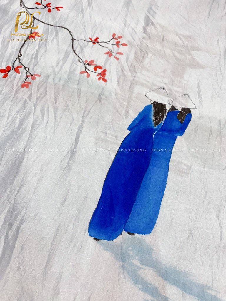 KHĂN LỤA VẼ MÀU NƯỚC NGHỆ THUẬT ĐỘC BẢN 100% TƠ TẰM KHUÊ VĂN CÁC & THIẾU NỮ BÊN ÁO DÀI