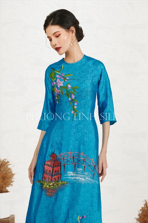 ÁO DÀI TRUYỀN THỐNG VẼ MÀU SƠN MÀI MÀU XANH BIỂN
