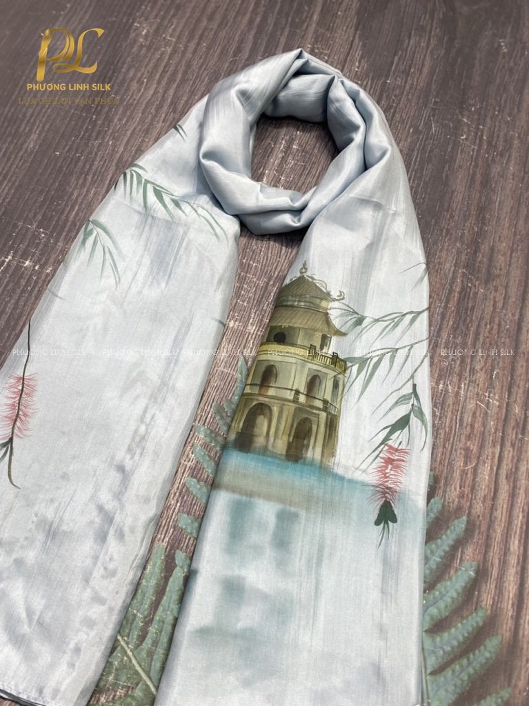 KHĂN LỤA VẼ MÀU NƯỚC NGHỆ THUẬT ĐỘC BẢN 100% TƠ TẰM HỒ GƯƠM