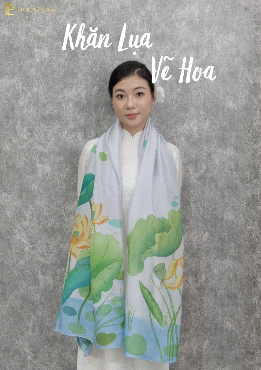 KHĂN LỤA HÀ ĐÔNG VẼ TAY NGHỆ THUẬT HOA SEN QUỐC CAO CẤP