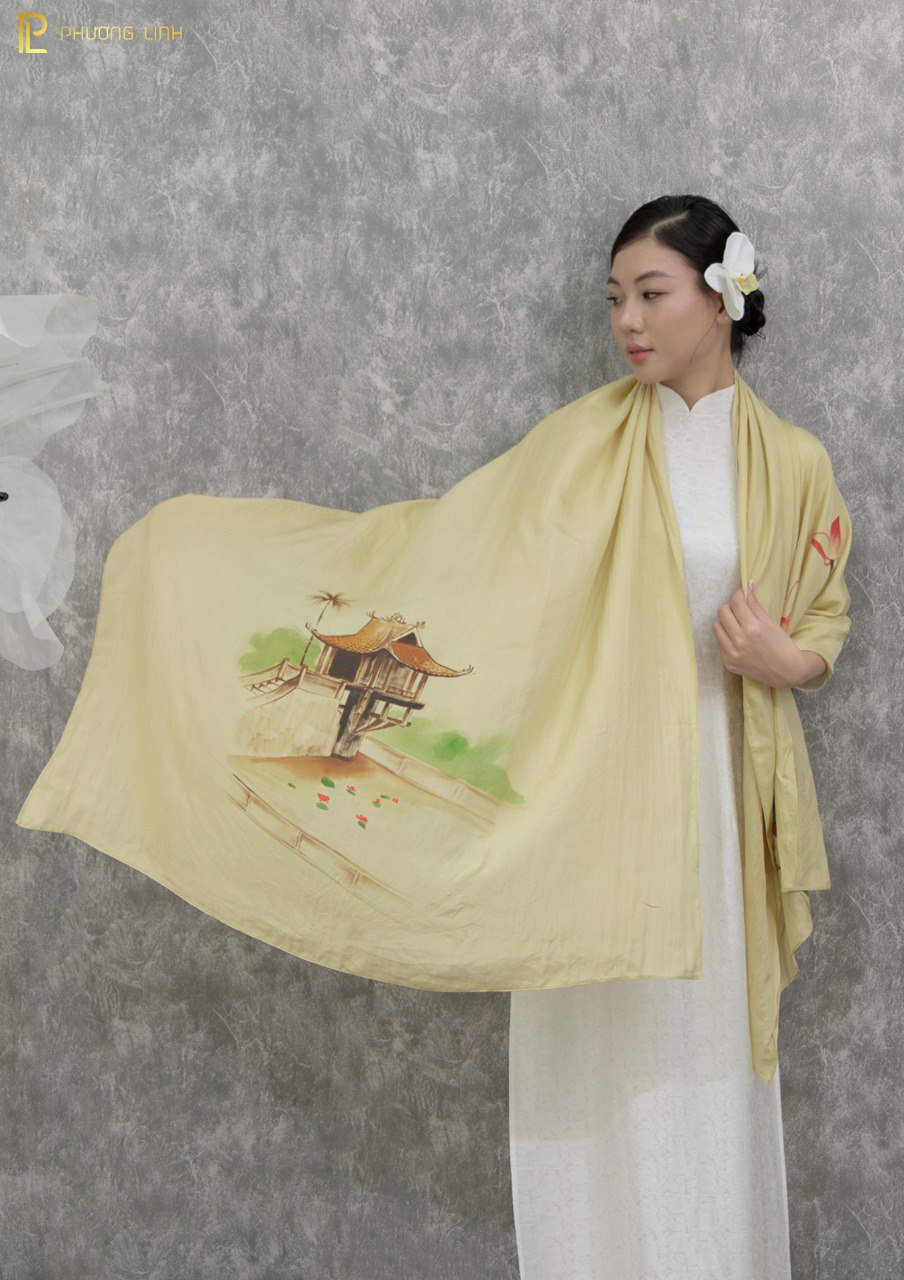 KHĂN LỤA HÀ ĐÔNG VẼ TAY NGHỆ THUẬT HOA SEN QUỐC - CHÙA MỘT CỘT CAO CẤP