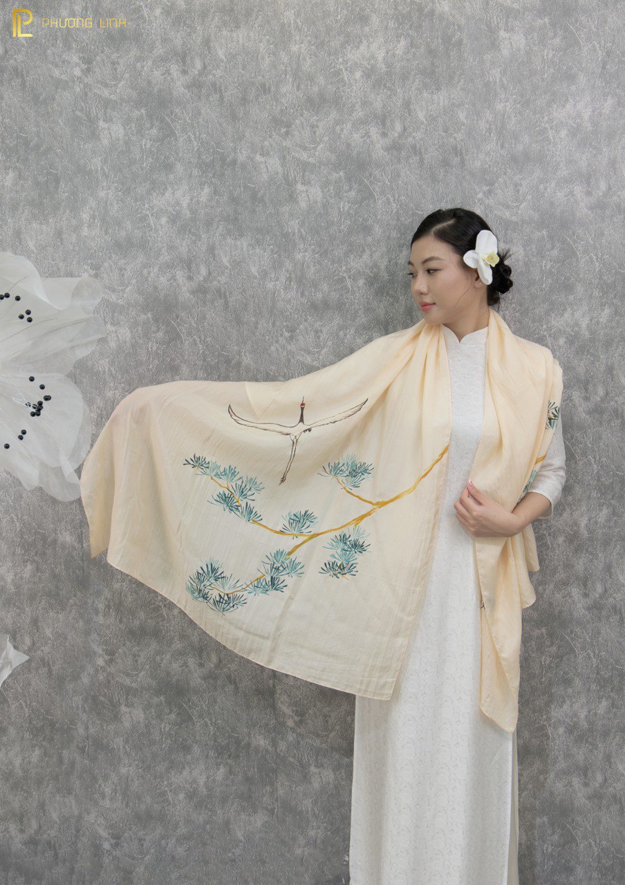 KHĂN LỤA HÀ ĐÔNG VẼ TAY NGHỆ THUẬT THIÊN HẠC CAO CẤP