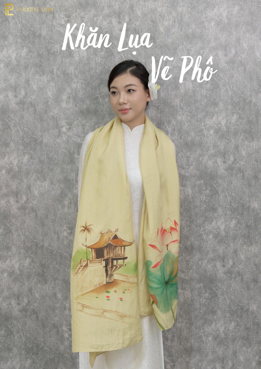 KHĂN LỤA HÀ ĐÔNG VẼ TAY NGHỆ THUẬT HOA SEN QUỐC - CHÙA MỘT CỘT CAO CẤP