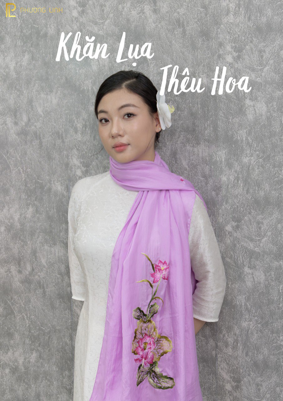 KHĂN LỤA HÀ ĐÔNG THÊU TAY CHỈ TƠ HOA SEN CAO CẤP