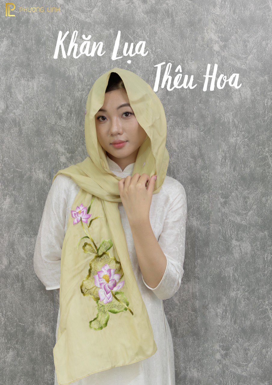 KHĂN LỤA HÀ ĐÔNG THÊU TAY THỦ CÔNG - HOA SEN