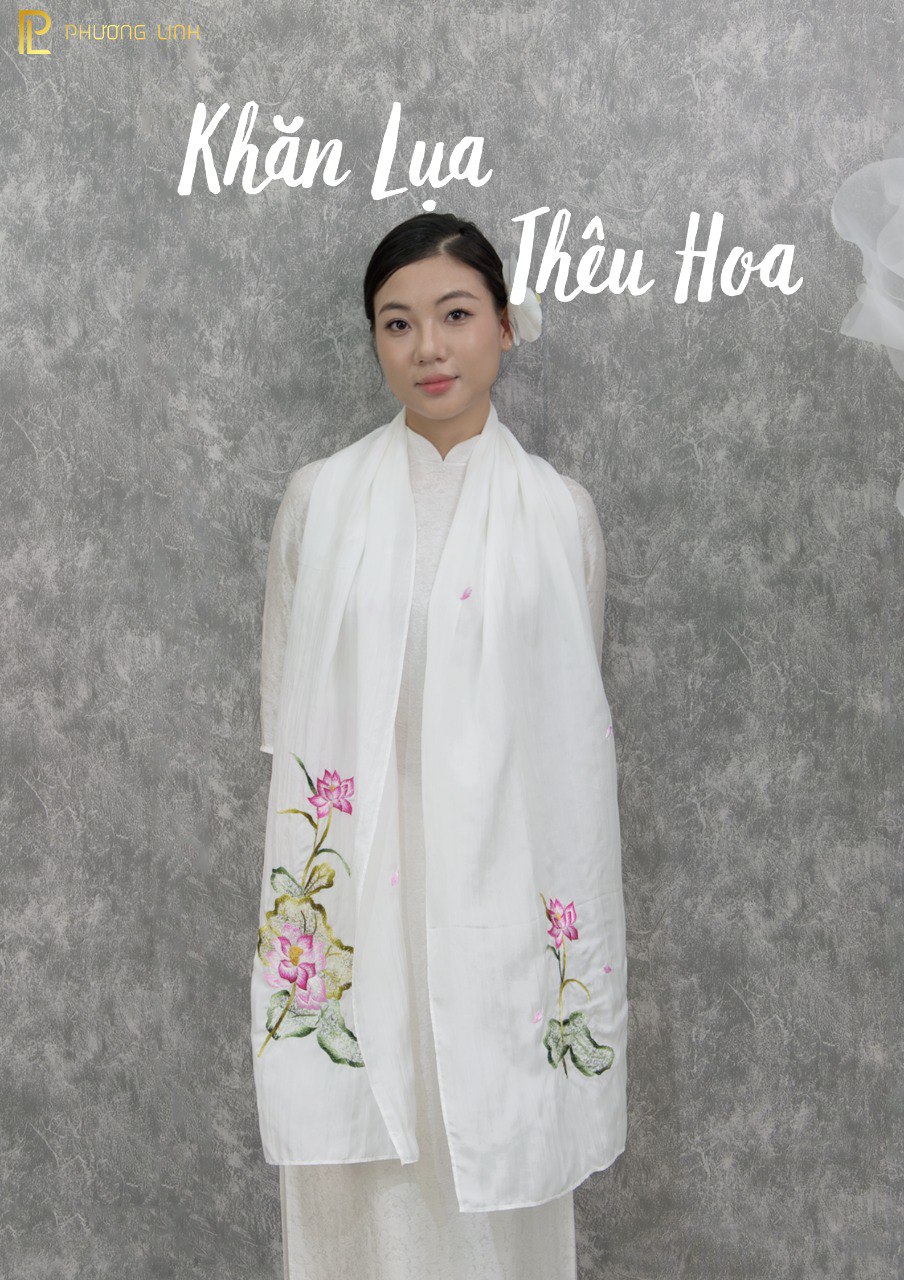 KHĂN LỤA HÀ ĐÔNG THÊU TAY THỦ CÔNG - HOA SEN