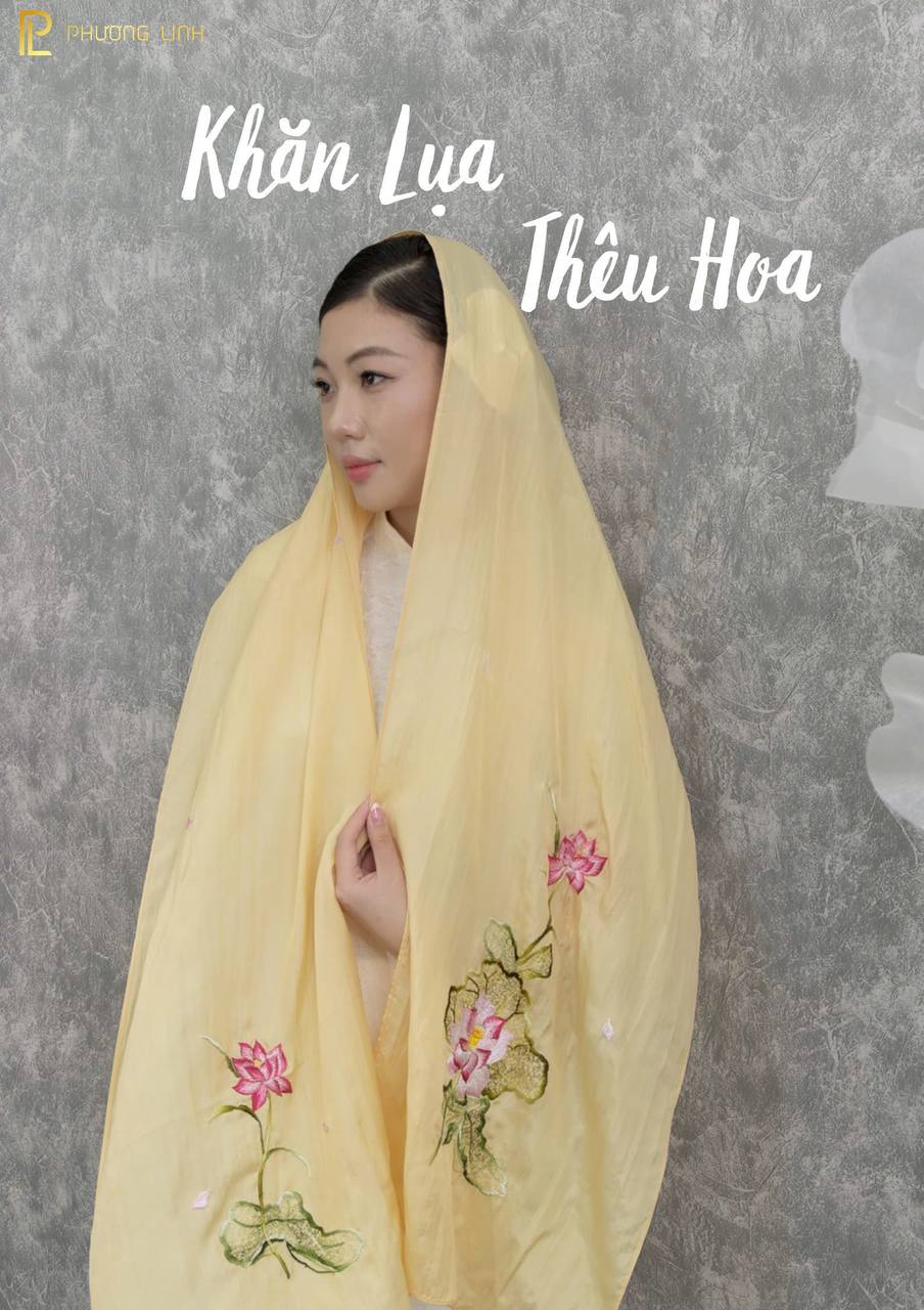 KHĂN LỤA HÀ ĐÔNG THÊU TAY THỦ CÔNG - HOA SEN