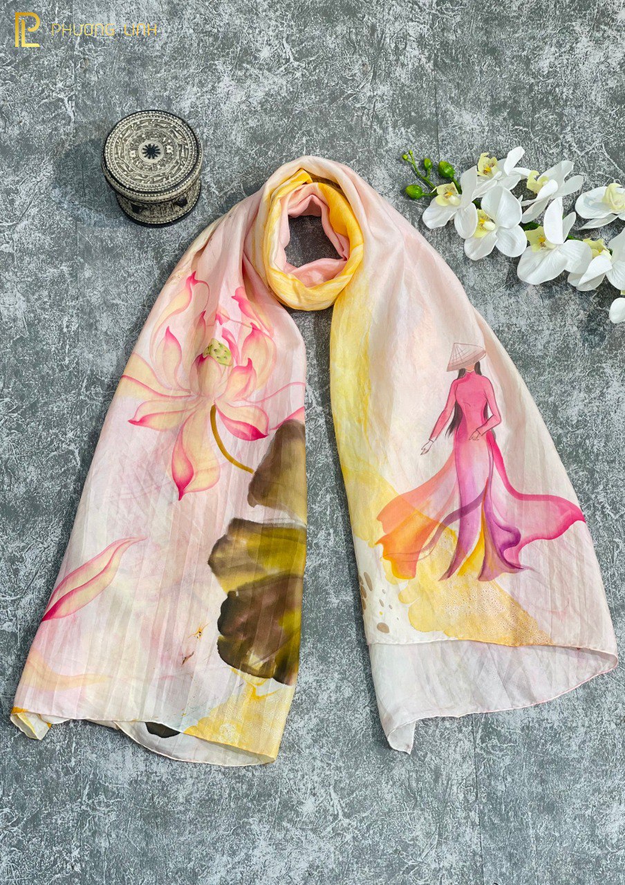 KHĂN LỤA HÀ ĐÔNG VẼ TAY ĐỘC BẢN THỦY ẤN HOA SEN QUỐC