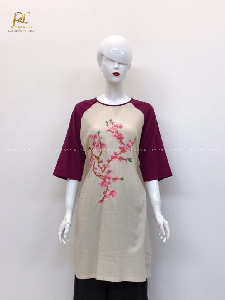 ÁO CÁCH TÂN LINEN THÊU TAY TRUYỀN THỐNG THÊU HOA ĐÀO