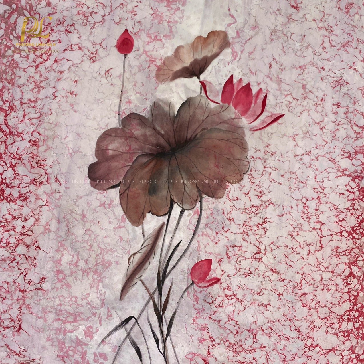 KHĂN LỤA VẼ TAY THỦY ẤN ĐỘC VẼ HOA SEN