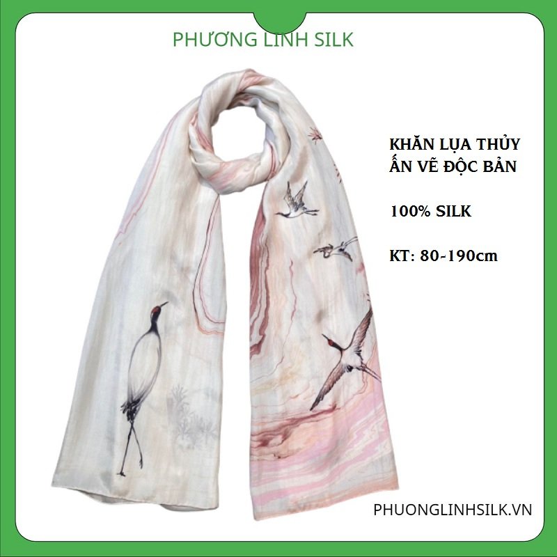 KHĂN LỤA VẼ TAY THỦY ẤN ĐỘC VẼ TRÚC HẠC