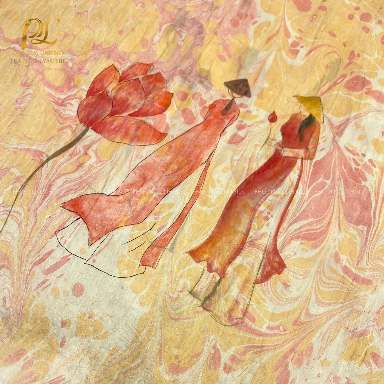 KHĂN LỤA VẼ TAY THỦY ẤN ĐỘC BẢN VẼ CÔ GÁI BÊN QUỐC HOA