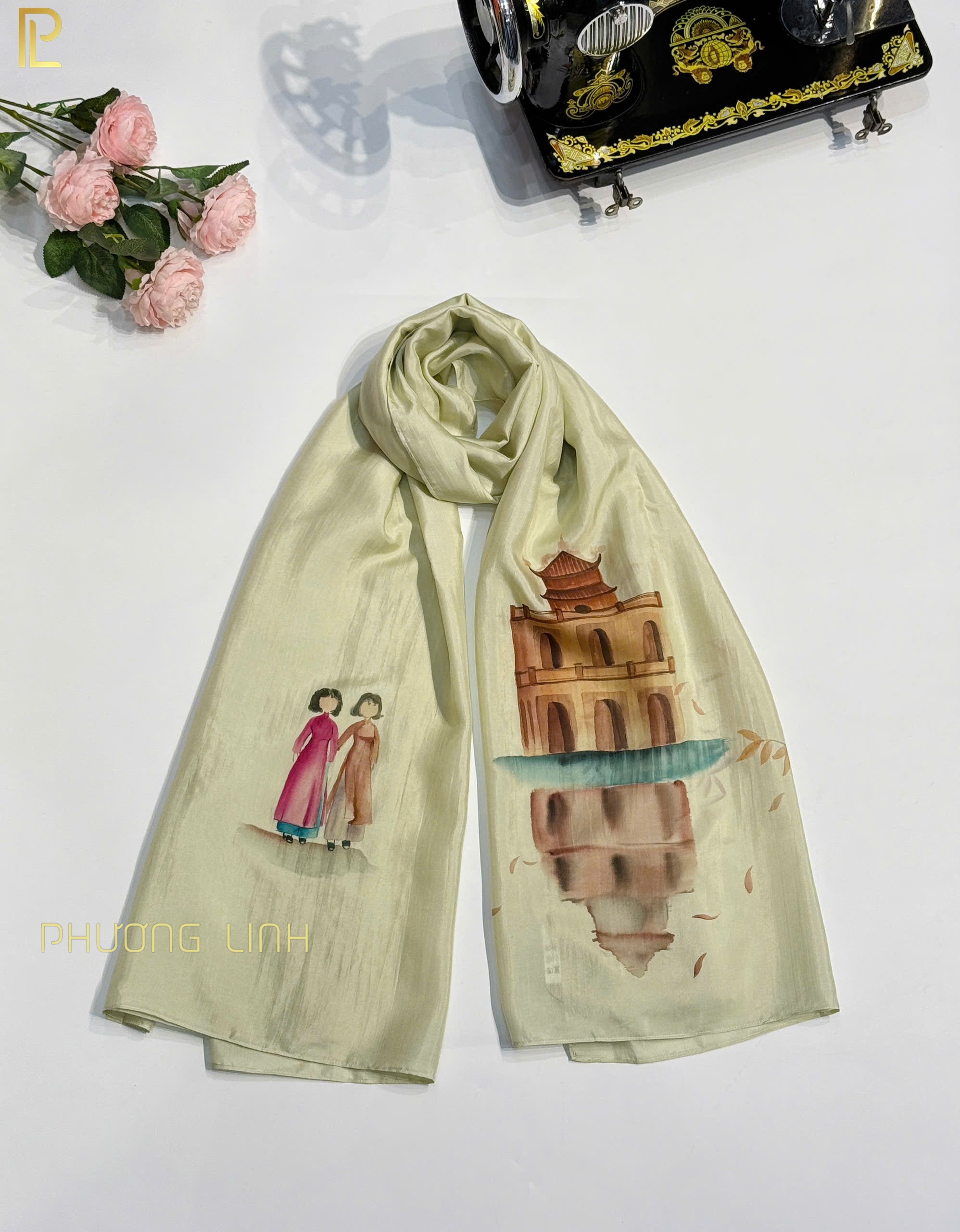 KHĂN LỤA HÀ ĐÔNG VẼ TAY NGHỆ THUẬT HỒ GƯƠM CAO CẤP