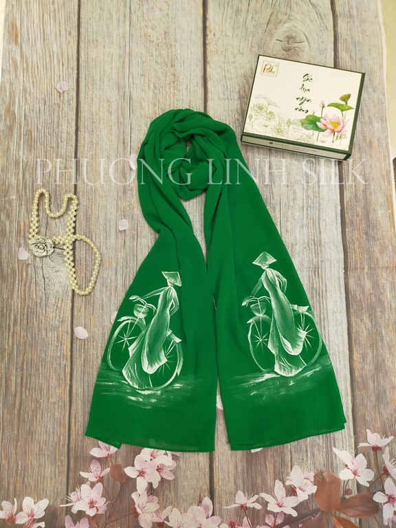 KHĂN CHIFFON VẼ NÀNG THƠ MÀU XANH KÉT
