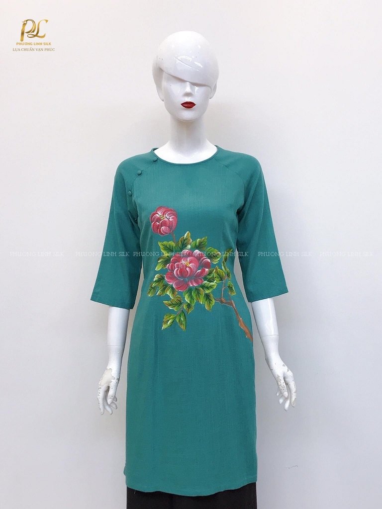ÁO CÁCH TÂN LINEN VẼ TAY TRUYỀN THỐNG VẼ HOA HỒNG