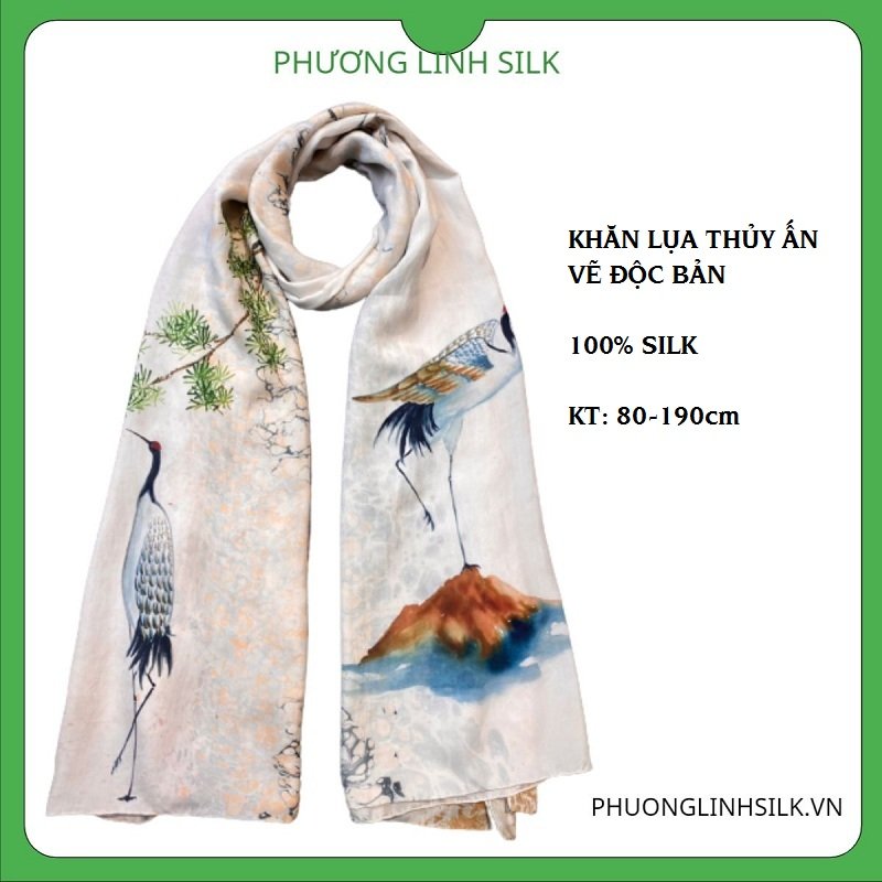 KHĂN LỤA VẼ TAY THỦY ẤN ĐỘC VẼ TRÚC HẠC