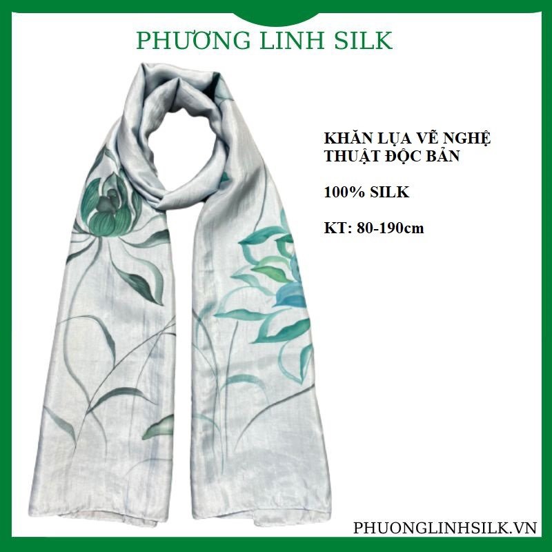 KHĂN LỤA VẼ MÀU NƯỚC NGHỆ THUẬT 100% TƠ TẰM HOA SEN QUỐC