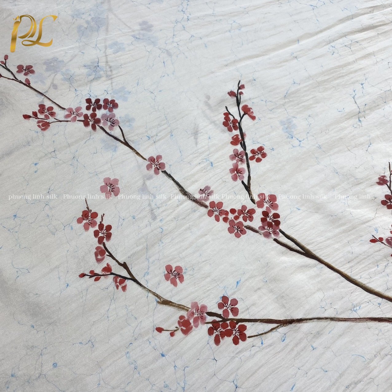 KHĂN LỤA VẼ TAY THỦY ẤN ĐỘC VẼ HOA ĐÀO