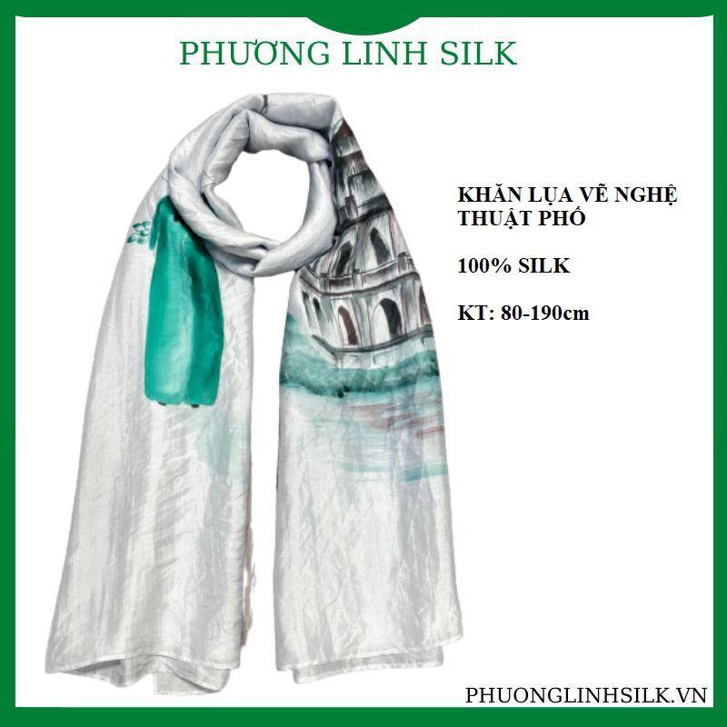 KHĂN LỤA VẼ MÀU NƯỚC NGHỆ THUẬT ĐỘC BẢN 100% TƠ TẰM HỒ GƯƠM & THIẾU NỮ BÊN ÁO DÀI