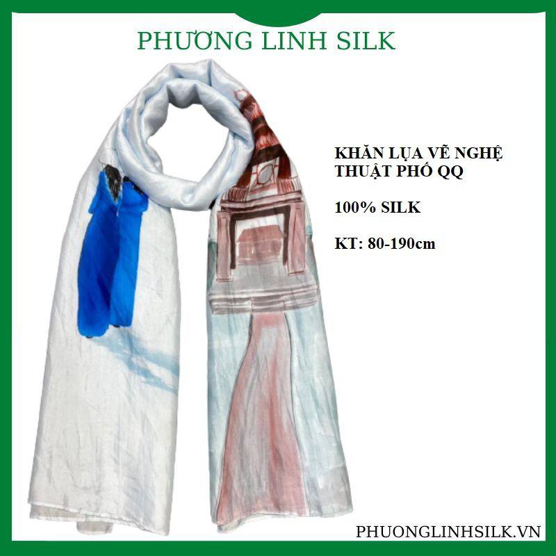 KHĂN LỤA VẼ MÀU NƯỚC NGHỆ THUẬT ĐỘC BẢN 100% TƠ TẰM KHUÊ VĂN CÁC & THIẾU NỮ BÊN ÁO DÀI