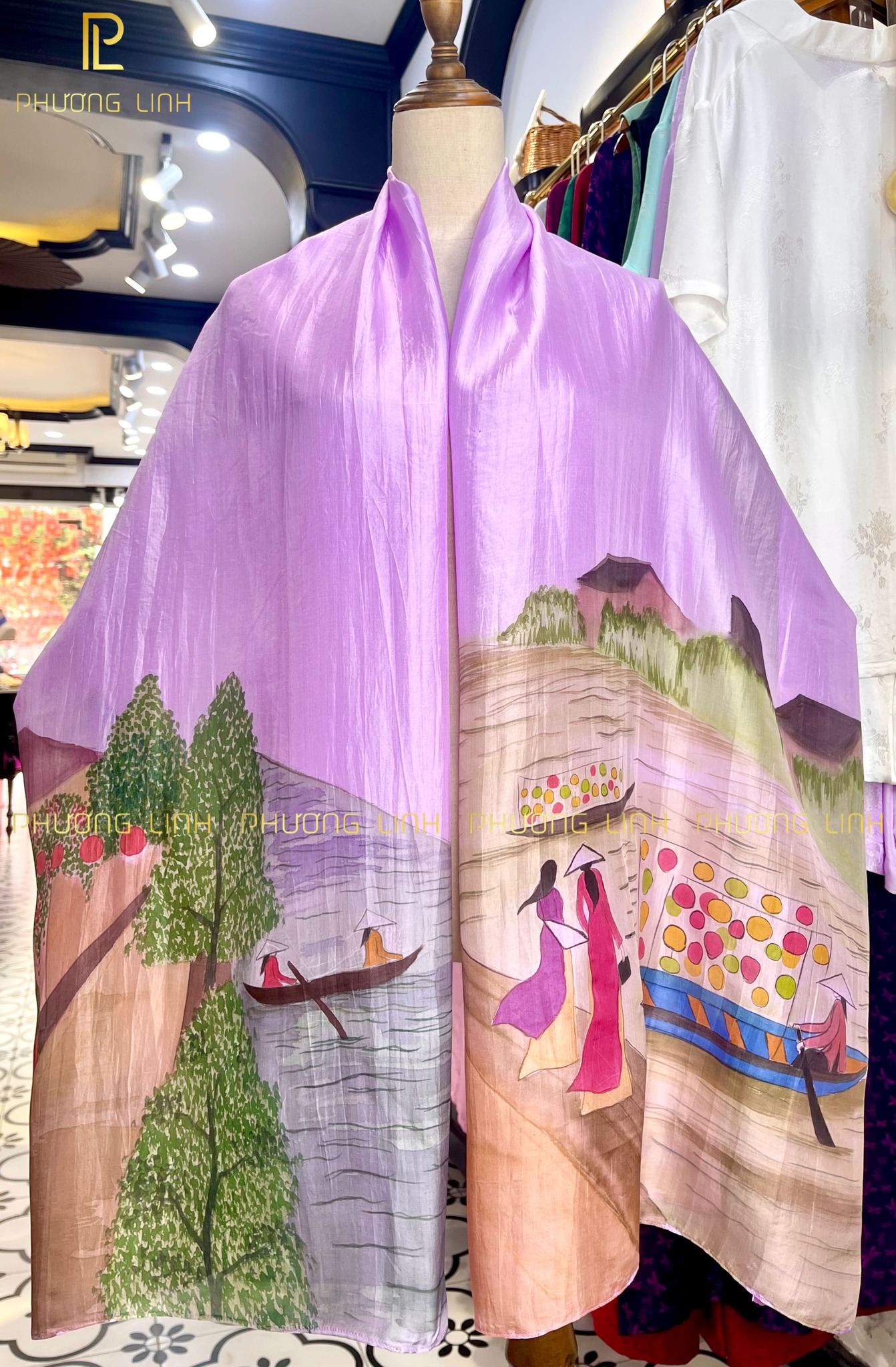 KHĂN LỤA HÀ ĐÔNG VẼ TAY NGHỆ THUẬT PHỐ CỔ CAO CẤP