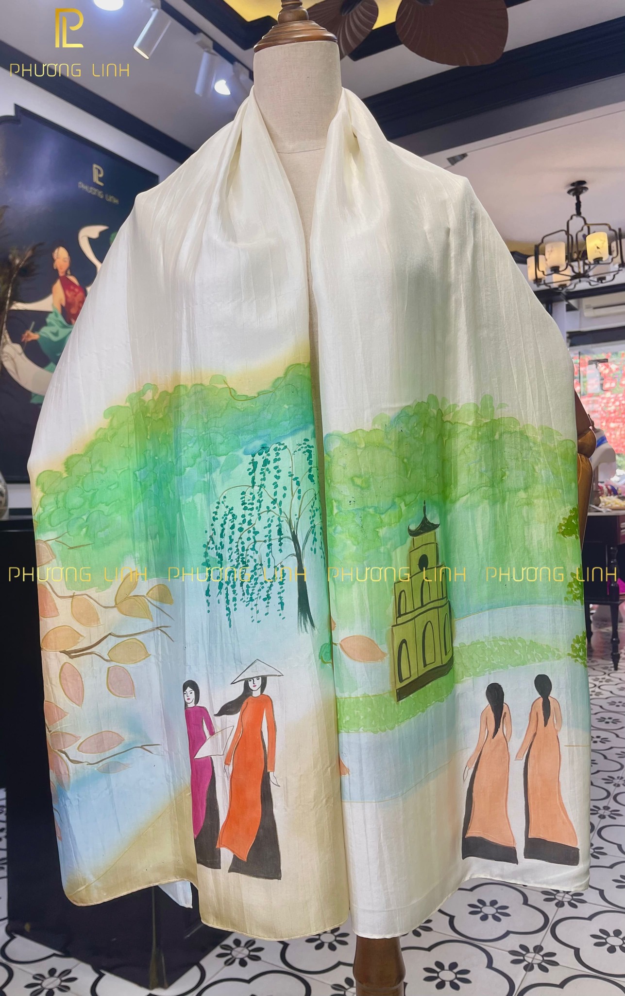 KHĂN LỤA HÀ ĐÔNG VẼ TAY NGHỆ THUẬT PHỐ CỔ CAO CẤP