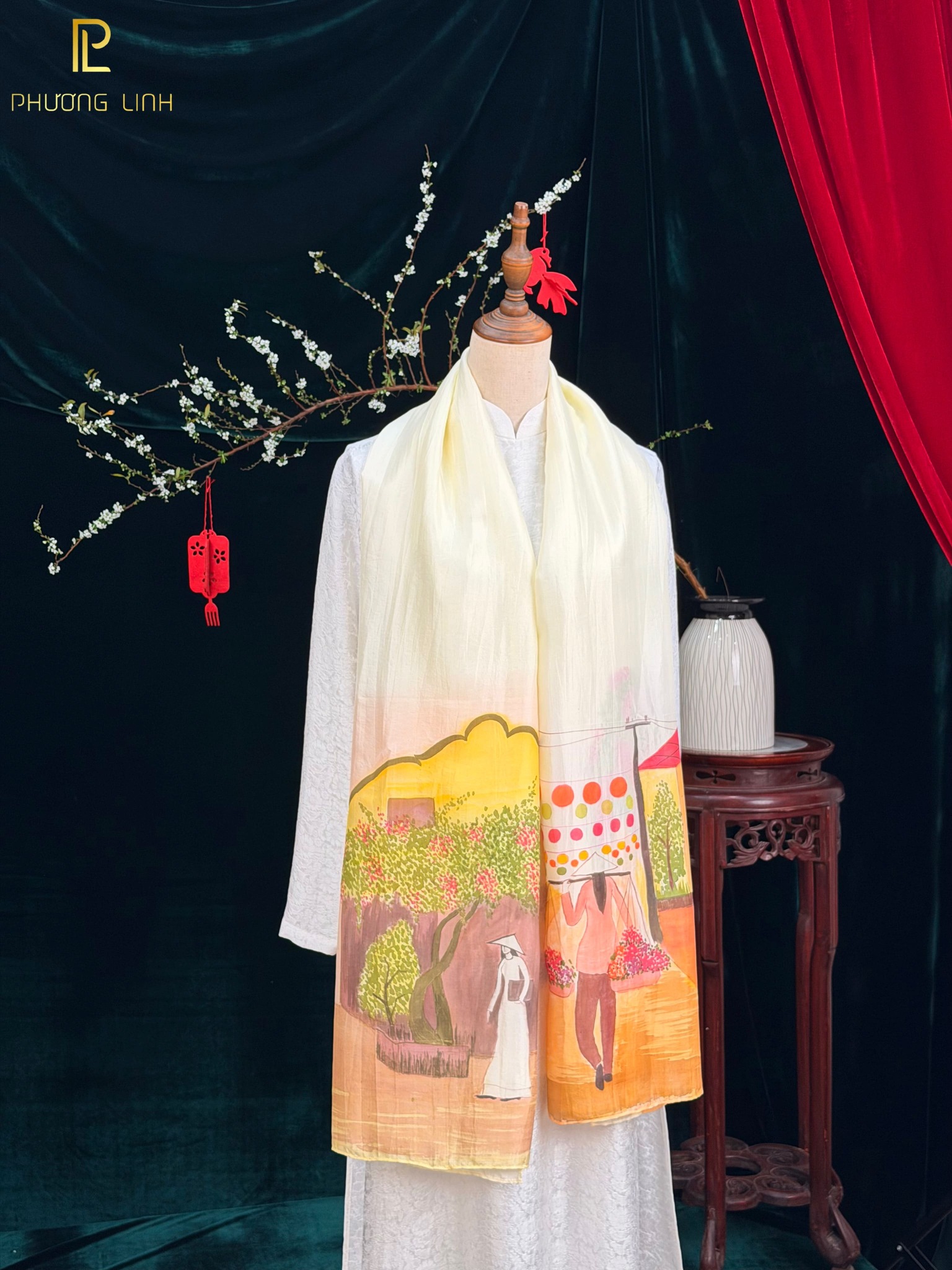 KHĂN LỤA HÀ ĐÔNG VẼ TAY NGHỆ THUẬT PHỐ CỔ CAO CẤP