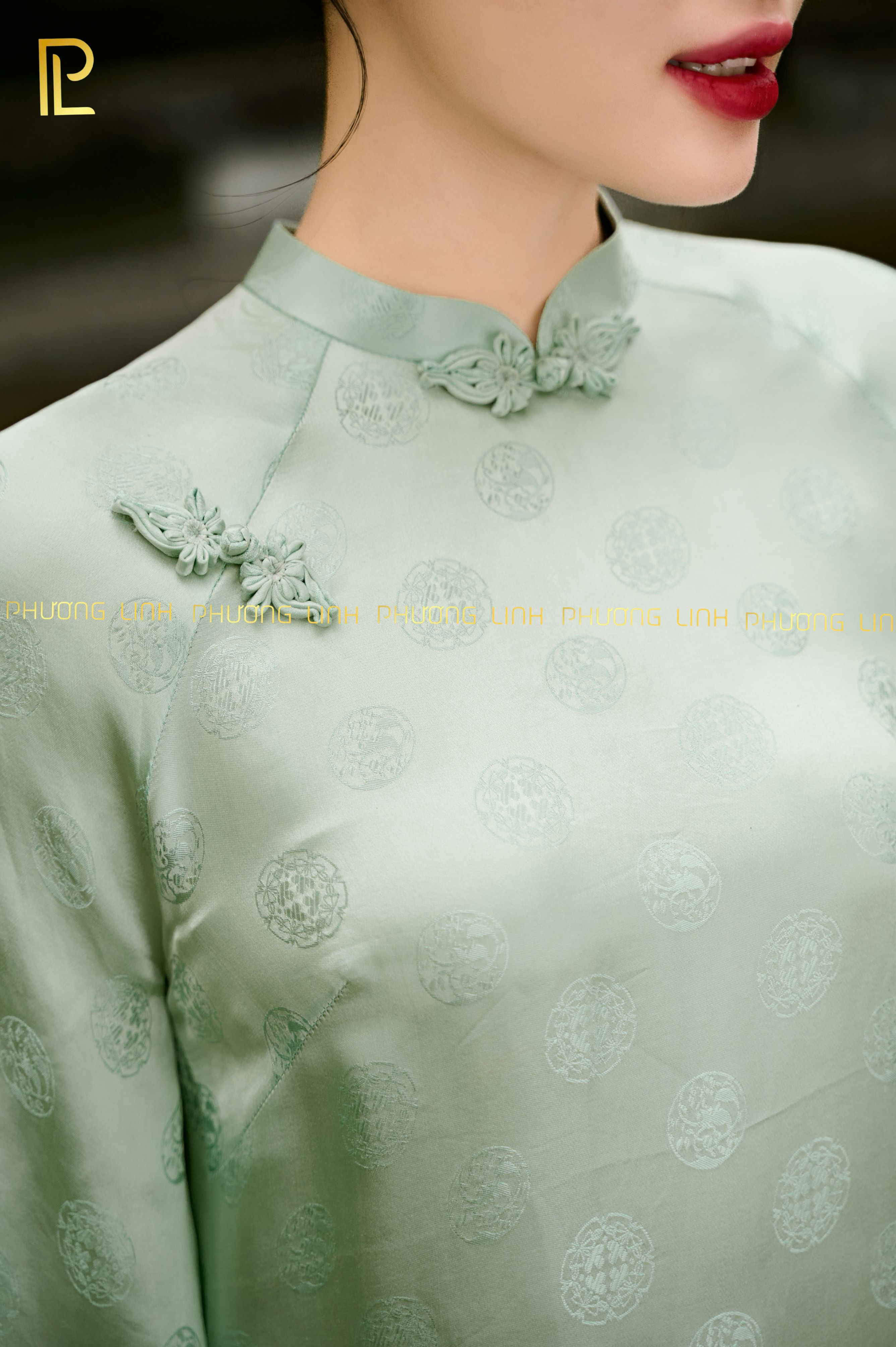 ÁO DÀI XƯA LỤA TƠ TẰM HÀ ĐÔNG LIÊN HOA - XANH MINT