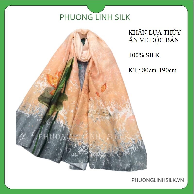 KHĂN LỤA VẼ TAY THỦY ẤN ĐỘC BẢN CHÙA 1 CỘT SEN QUỐC