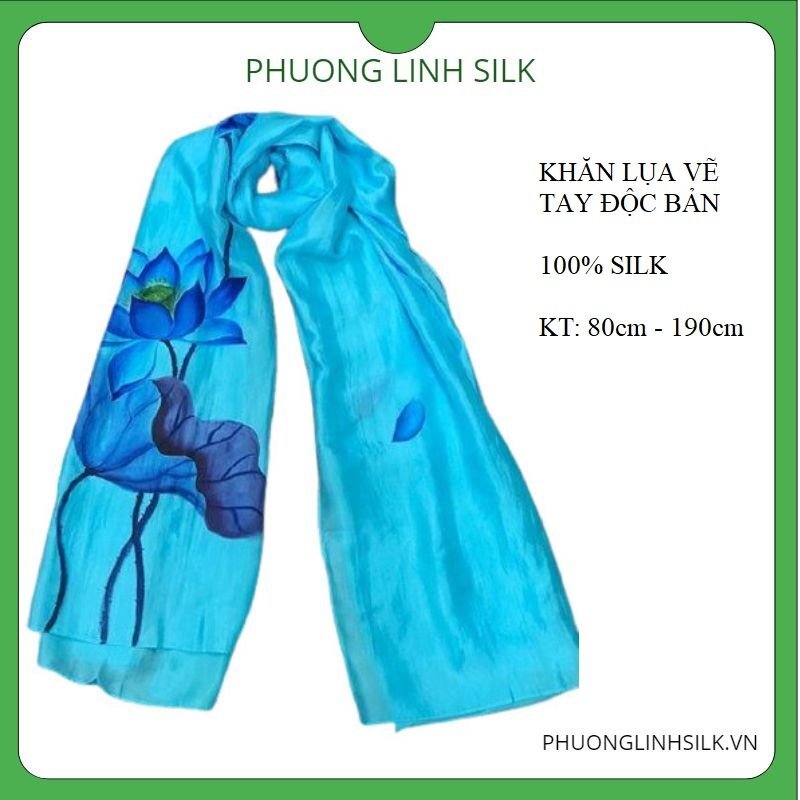 KHĂN LỤA VẼ MÀU NƯỚC 100% TƠ TẰM HOA SEN QUỐC MÀU XANH  BIỂN