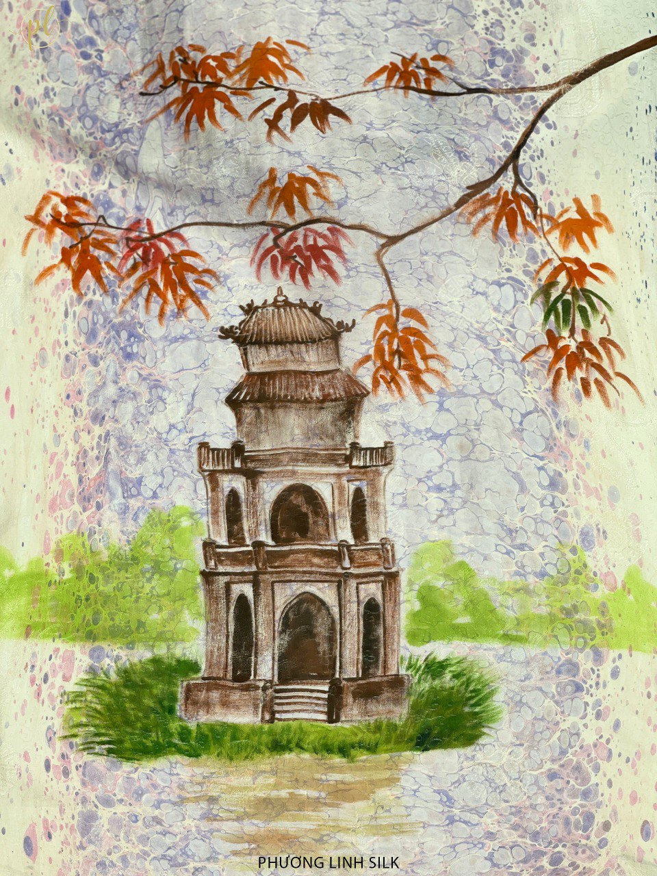 KHĂN LỤA VẼ TAY CAO CẤP VÂN CỔ THỦY ẤN 100% TƠ TẰM ĐỘC BẢN VẼ HỒ GƯƠM & THIẾU NỮ ÁO DÀI