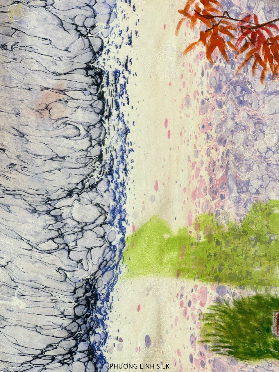 KHĂN LỤA VẼ TAY CAO CẤP VÂN CỔ THỦY ẤN 100% TƠ TẰM ĐỘC BẢN VẼ HỒ GƯƠM & THIẾU NỮ ÁO DÀI