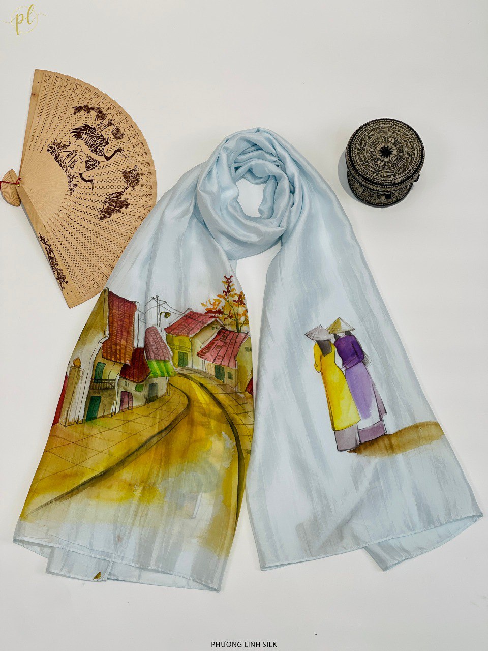 KHĂN LỤA VẼ MÀU NƯỚC NGHỆ THUẬT ĐỘC BẢN 100% TƠ TẰM PHONG CẢNH VIỆT NAM