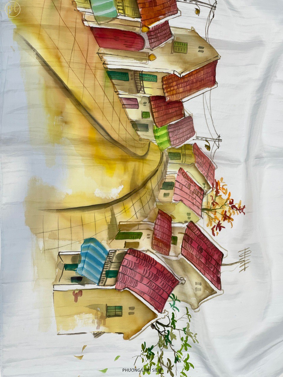 KHĂN LỤA VẼ MÀU NƯỚC NGHỆ THUẬT ĐỘC BẢN 100% TƠ TẰM PHONG CẢNH VIỆT NAM