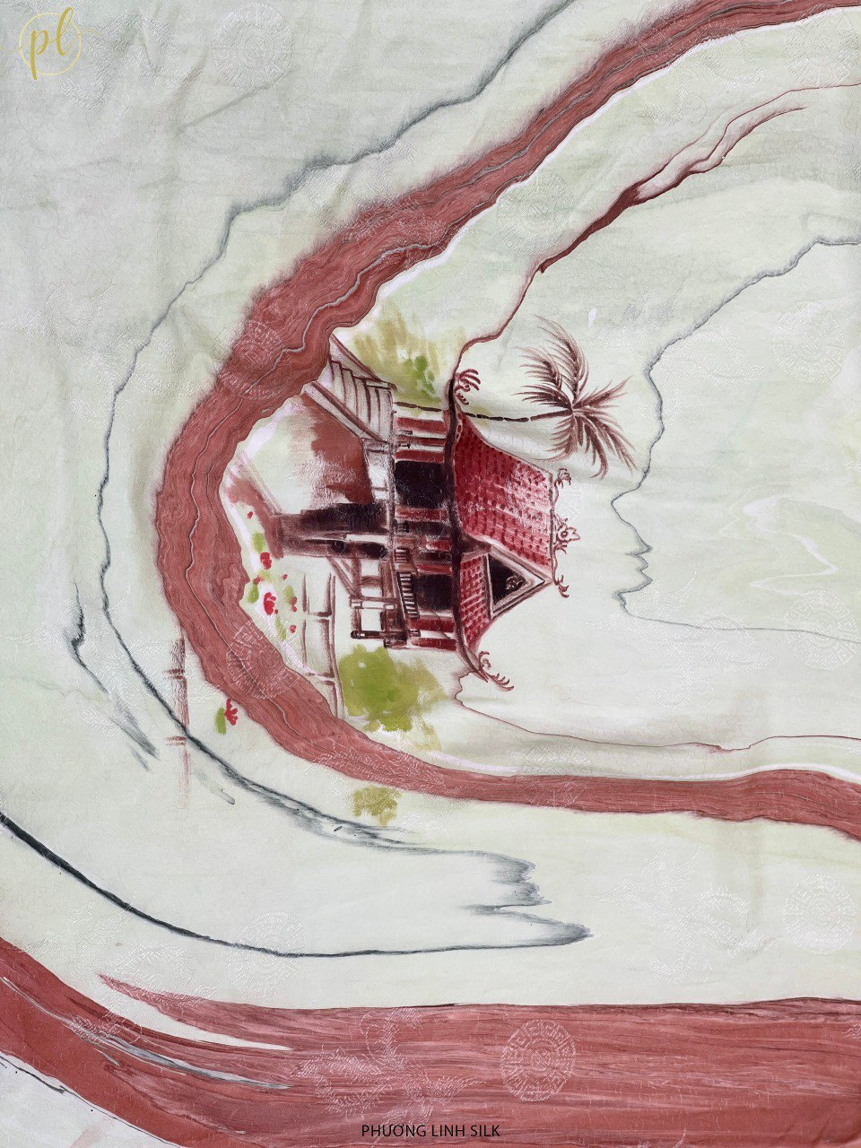 KHĂN LỤA VẼ TAY CAO CẤP VÂN CỔ THỦY ẤN 100% TƠ TẰM ĐỘC BẢN VẼ CHÙA MỘT CỘT & THIẾU NỮ ÁO DÀI