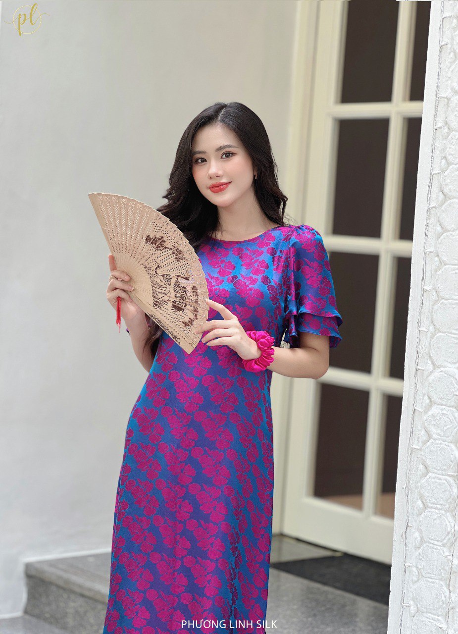 VÁY LỤA TAY BỒNG 2 TẦNG XANH HỒNG